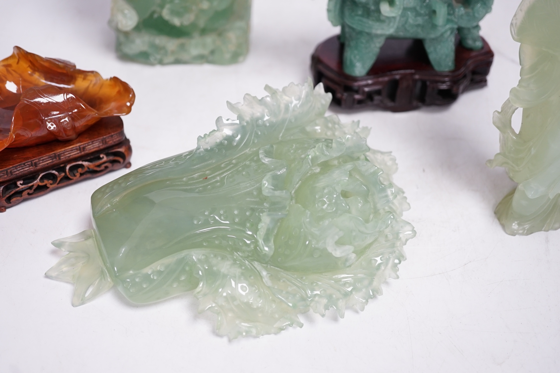 A group of five Chinese hardstone carvings, tallest 18cm. Condition - fair